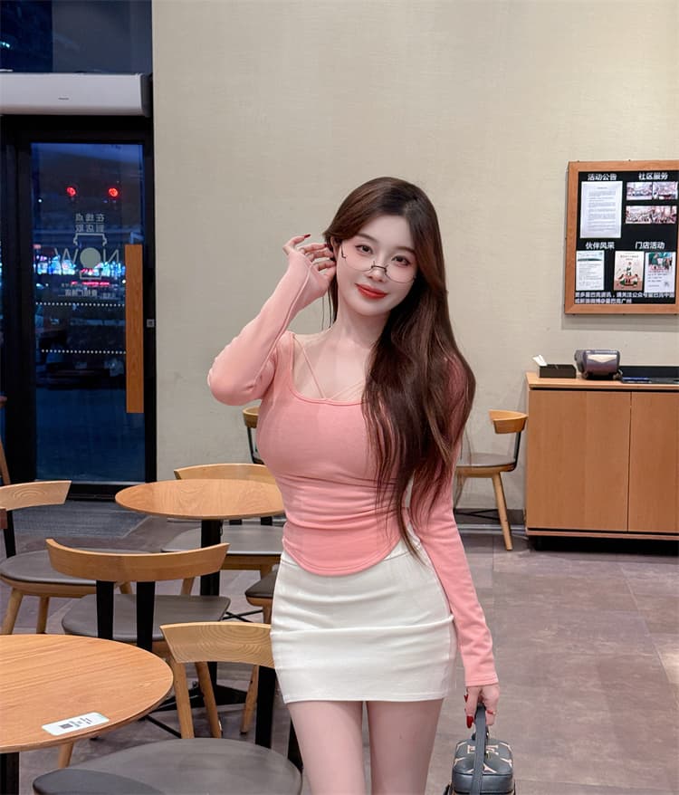 실사 봄 신제품 세트 털이 있는 몸매 가꾸기 긴팔 맨위 t 타이트 스커트 미니 스커트 상세 이미지 1