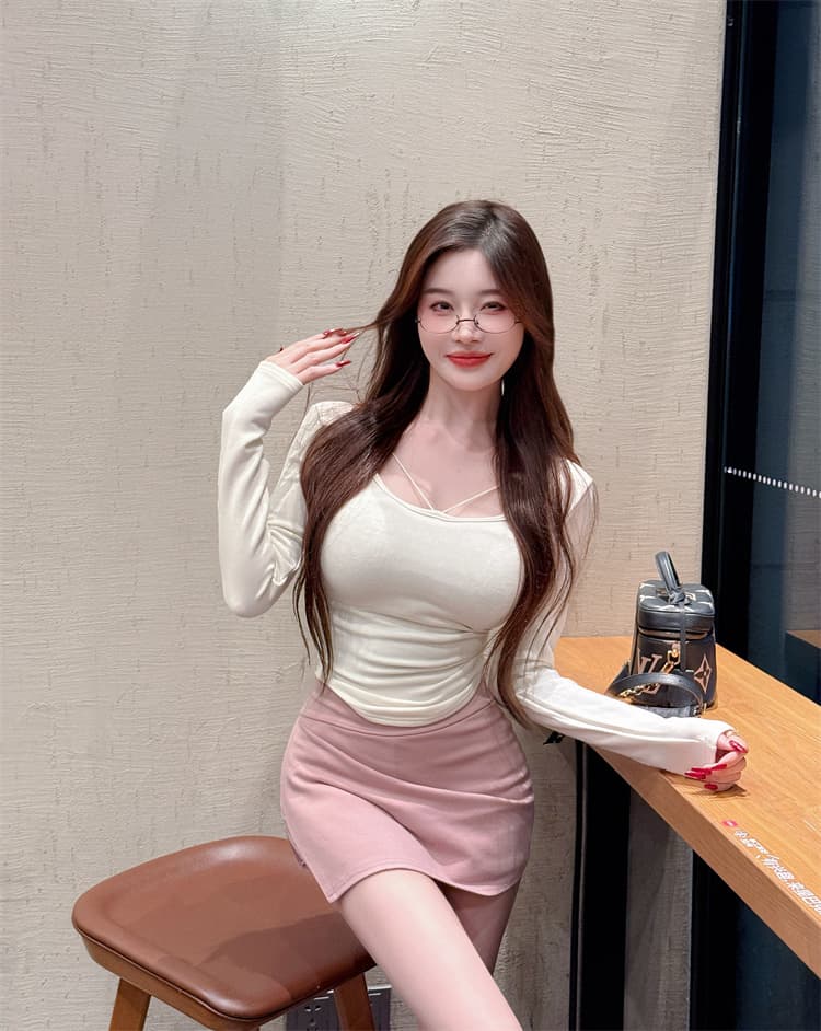 실사 봄 신제품 세트 털이 있는 몸매 가꾸기 긴팔 맨위 t 타이트 스커트 미니 스커트 상세 이미지 6