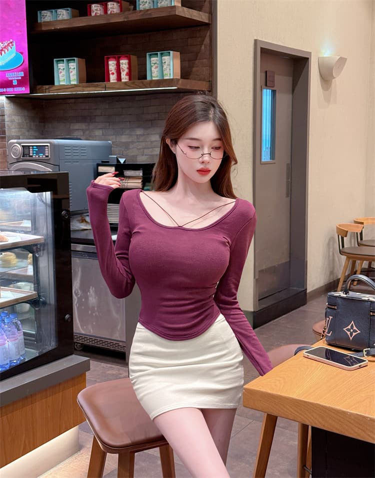 실사 봄 신제품 세트 털이 있는 몸매 가꾸기 긴팔 맨위 t 타이트 스커트 미니 스커트 상세 이미지 12