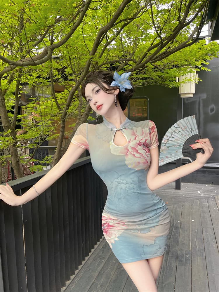 2026 여름 신제품 프린트 개선 치파오 타이트 스커트 드레스 상세 이미지 6