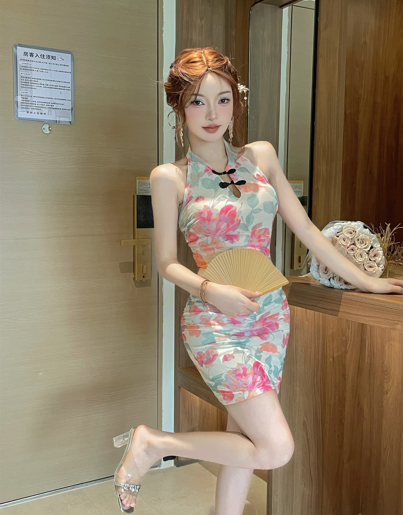 신제품 민소매 프린트 치파오 이중 버튼 몸매 가꾸기 섹시함 드레스
