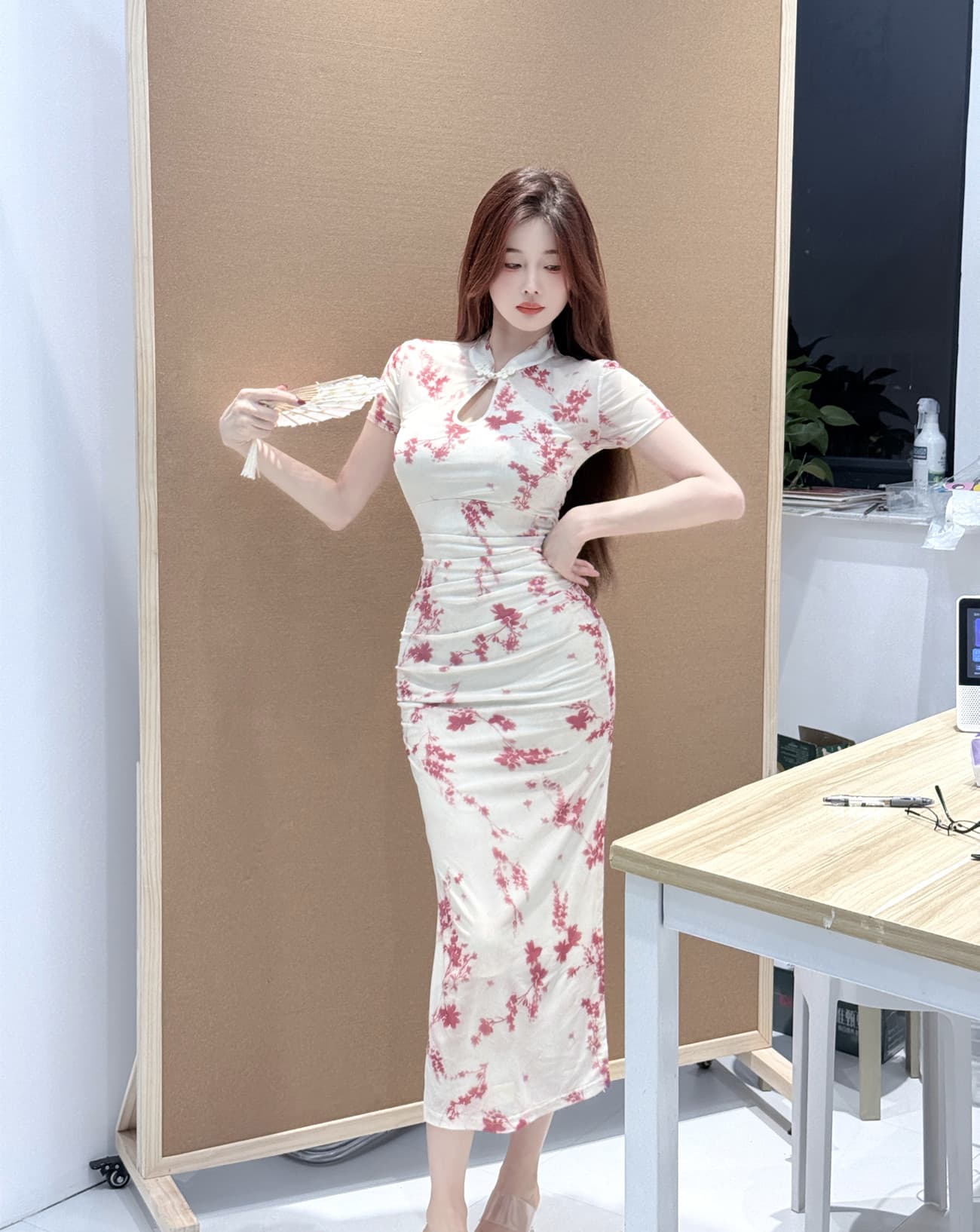 롱 코트 개선 치파오 섹시함 드레스 몸매 가꾸기 타이트 스커트 프린트 치마 이미지 4