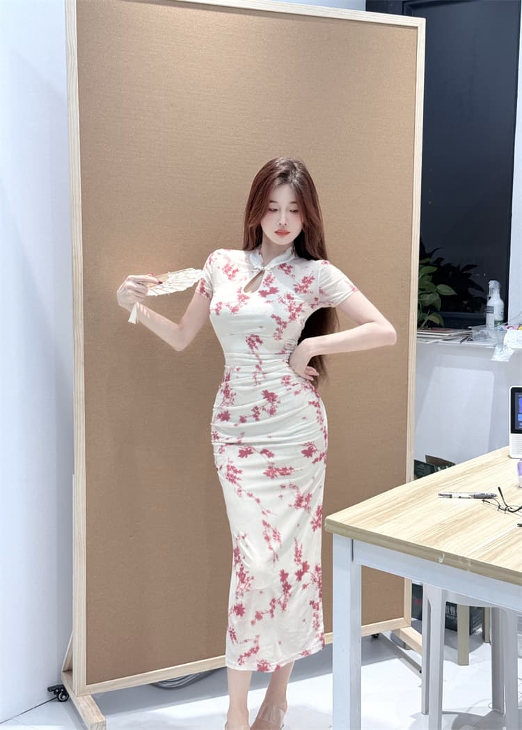 롱 코트 개선 치파오 섹시함 드레스 몸매 가꾸기 타이트 스커트 프린트 치마 상세 이미지 3