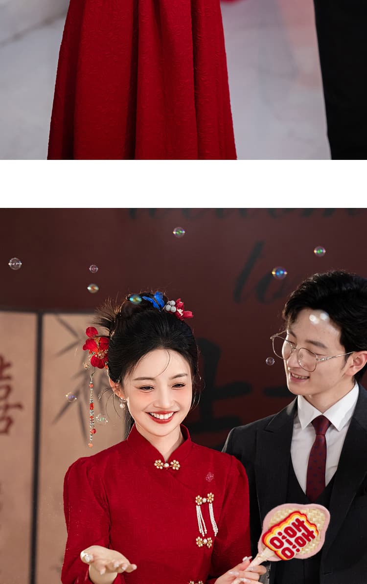 토스트 서비스 신부 긴팔 새로운 중식 치파오 빨간색 결혼 참여 예복 드레스 작은 키 뒷문 캐주얼웨어 상세 이미지 17