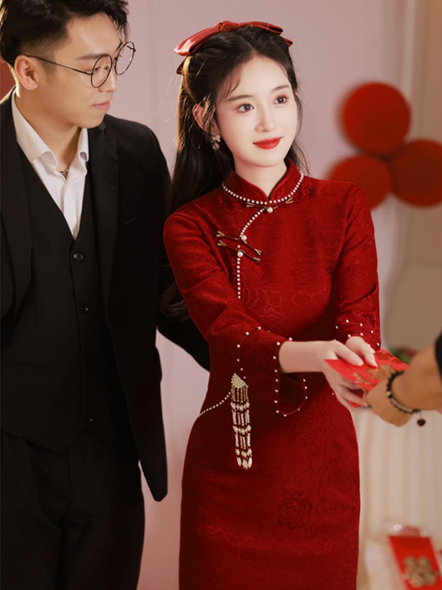 치파오 토스트 서비스 년 가을 겨울철 와인 레드 결혼 중식 개선 참여 예복 이미지 4