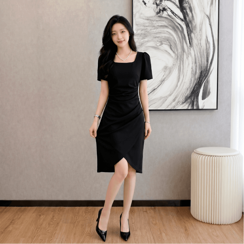 실사 여름 새로운 프랑스식 광장 칼라 드레스 몸매 가꾸기 트임 중간 길이 작은 검은 드레스 허리 수축 여성