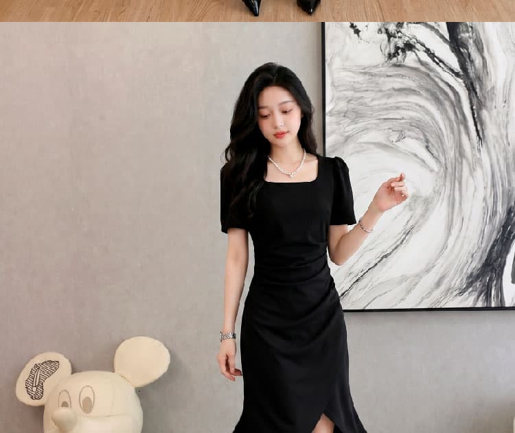 실사 여름 새로운 프랑스식 광장 칼라 드레스 몸매 가꾸기 트임 중간 길이 작은 검은 드레스 허리 수축 여성 상세 이미지 18