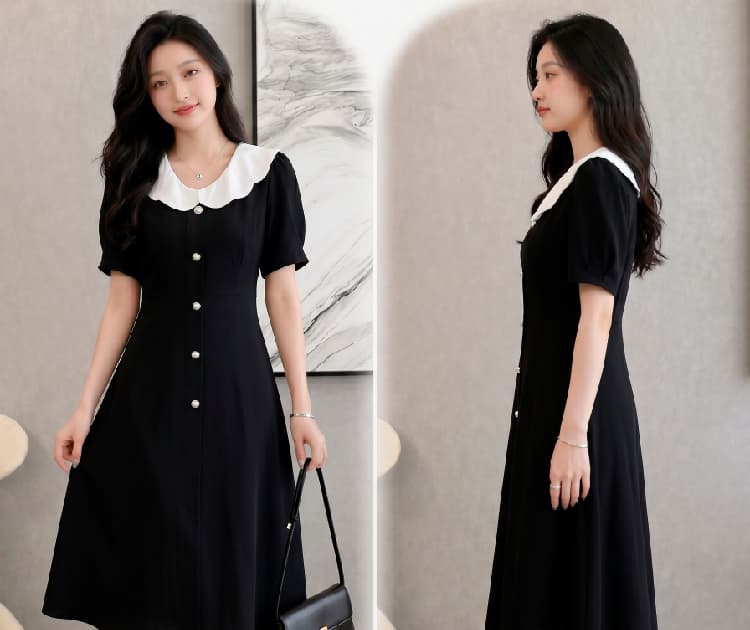 실사 허리 수축 슬림해 보이는 그는 벤 바람 주름 허리 수축 슬림해 보이는 작은 대중 표지 배 롱 코트 프랑스식 차 휴식 작은 검은 드레스 상세 이미지 5