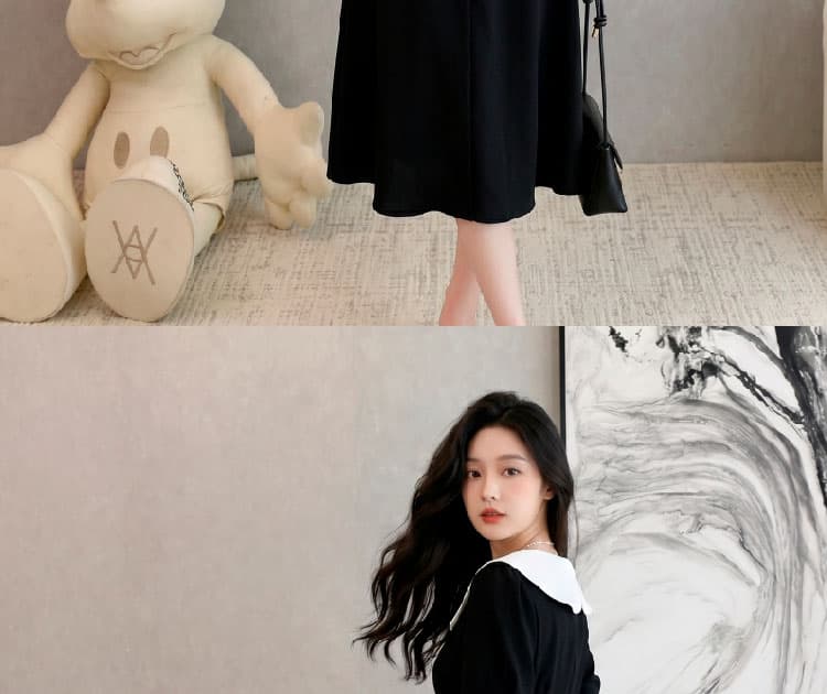 실사 허리 수축 슬림해 보이는 그는 벤 바람 주름 허리 수축 슬림해 보이는 작은 대중 표지 배 롱 코트 프랑스식 차 휴식 작은 검은 드레스 상세 이미지 19