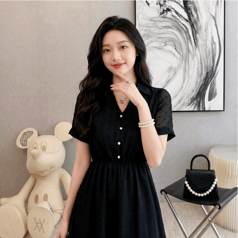 실사 쉬폰 여성 드레스 여름 새로운 품격 허리 수축 슬림해 보이는 프랑스식 V넥 작은 검은 드레스 이미지 3