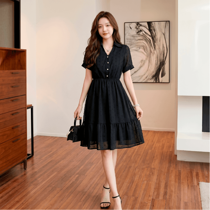 실사 쉬폰 여성 드레스 여름 새로운 품격 허리 수축 슬림해 보이는 프랑스식 V넥 작은 검은 드레스 이미지 2