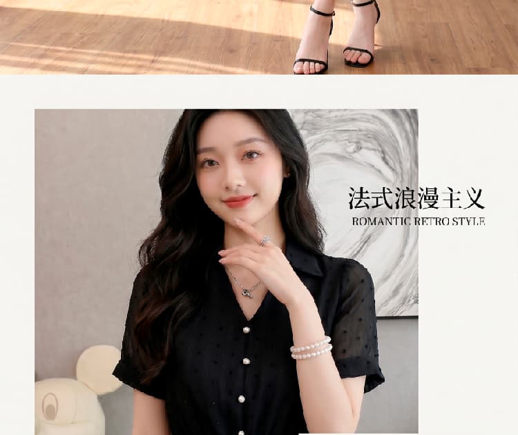 실사 쉬폰 여성 드레스 여름 새로운 품격 허리 수축 슬림해 보이는 프랑스식 V넥 작은 검은 드레스 상세 이미지 3
