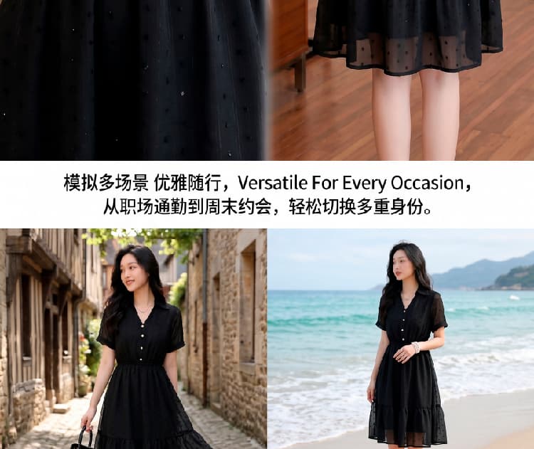 실사 쉬폰 여성 드레스 여름 새로운 품격 허리 수축 슬림해 보이는 프랑스식 V넥 작은 검은 드레스 상세 이미지 6