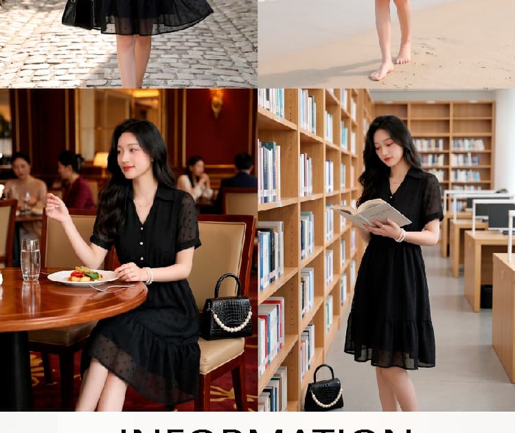 실사 쉬폰 여성 드레스 여름 새로운 품격 허리 수축 슬림해 보이는 프랑스식 V넥 작은 검은 드레스 상세 이미지 7