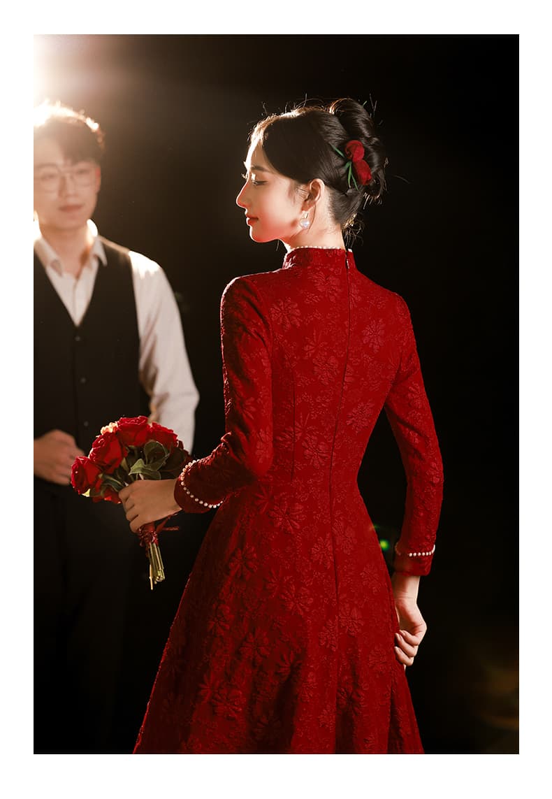 토스트 서비스 치파오 중식 드레스 2024 새로운 가을 겨울 참여 결혼 예복 치마 여성 뒷문 긴팔 빨간색 상세 이미지 22