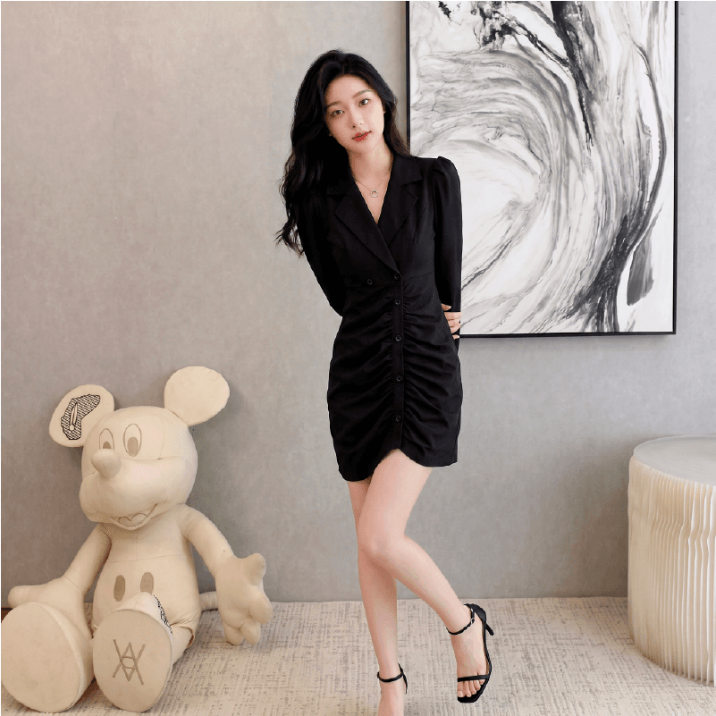이른 가을 새로운 정장 칼라 단추 주름 장식 레트로 몸매 가꾸기 슬림해 보이는 품격 드레스
