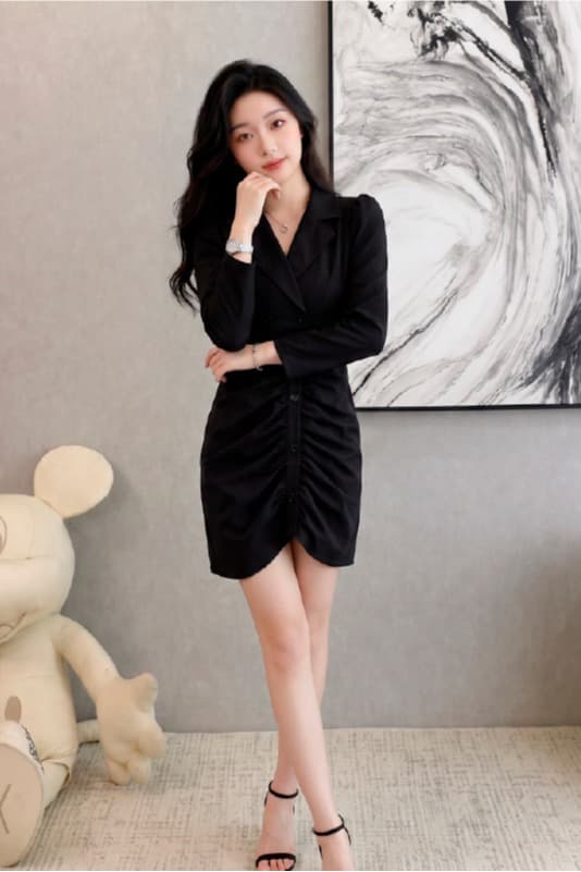 이른 가을 새로운 정장 칼라 단추 주름 장식 레트로 몸매 가꾸기 슬림해 보이는 품격 드레스 이미지 6