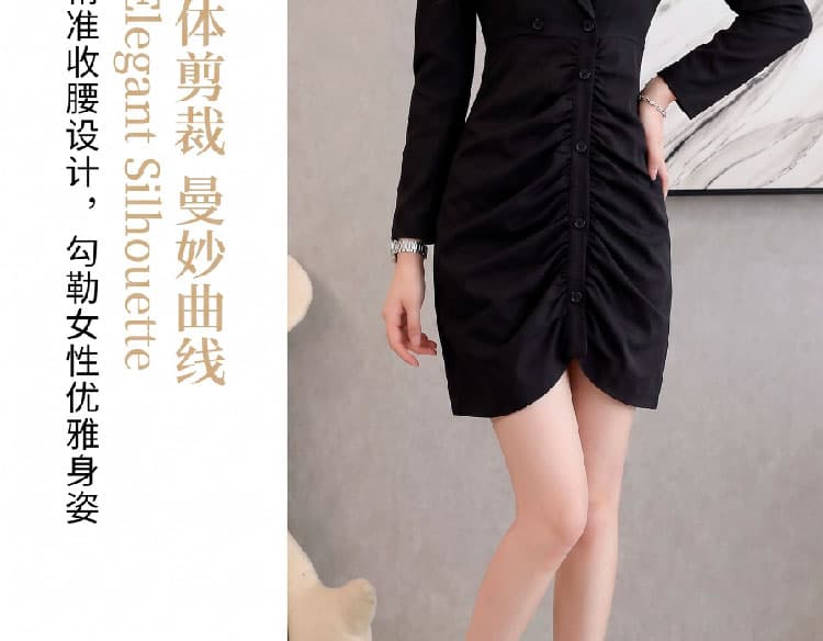 이른 가을 새로운 정장 칼라 단추 주름 장식 레트로 몸매 가꾸기 슬림해 보이는 품격 드레스 상세 이미지 2