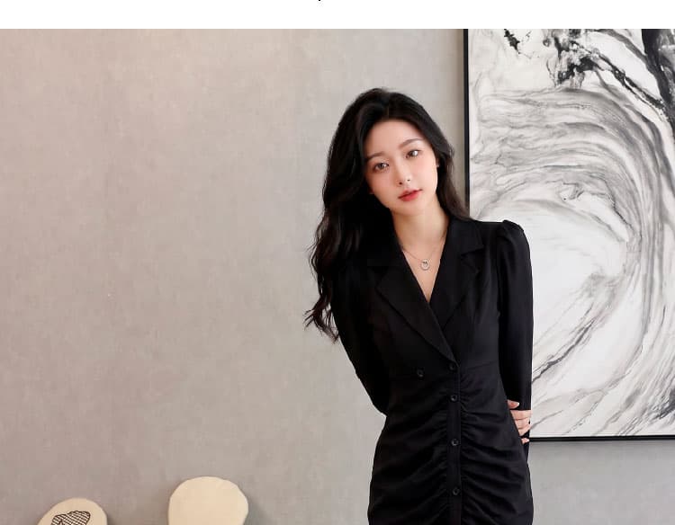 이른 가을 새로운 정장 칼라 단추 주름 장식 레트로 몸매 가꾸기 슬림해 보이는 품격 드레스 상세 이미지 12