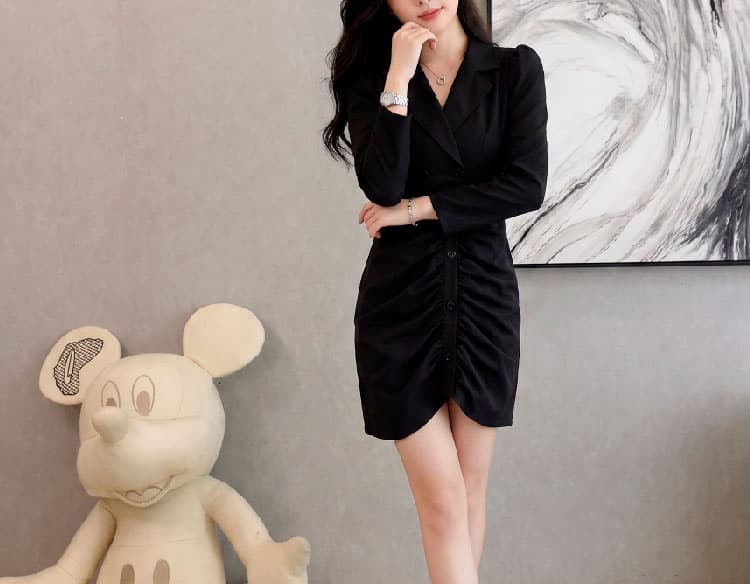 이른 가을 새로운 정장 칼라 단추 주름 장식 레트로 몸매 가꾸기 슬림해 보이는 품격 드레스 상세 이미지 14