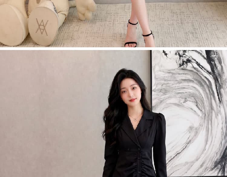 이른 가을 새로운 정장 칼라 단추 주름 장식 레트로 몸매 가꾸기 슬림해 보이는 품격 드레스 상세 이미지 15