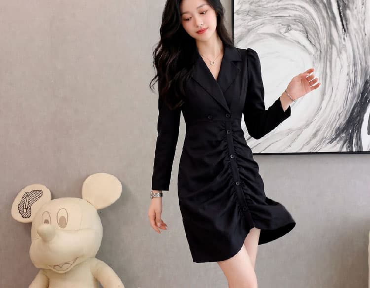 이른 가을 새로운 정장 칼라 단추 주름 장식 레트로 몸매 가꾸기 슬림해 보이는 품격 드레스 상세 이미지 17