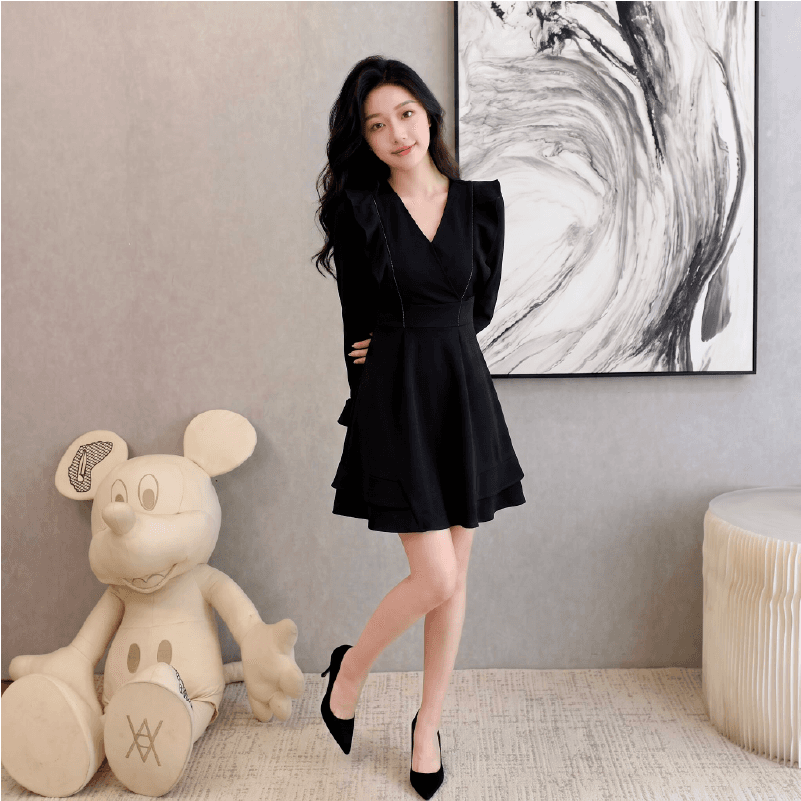 이른 가을 새로운 프랑스식 V넥 프릴 허리 수축 작은 검은 드레스 한 마디 긴팔 드레스 작은 키 이미지 3