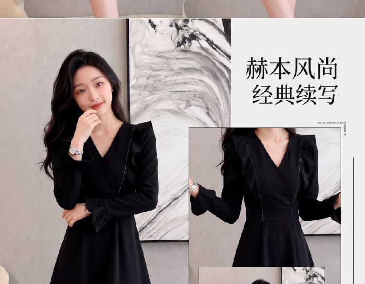 이른 가을 새로운 프랑스식 V넥 프릴 허리 수축 작은 검은 드레스 한 마디 긴팔 드레스 작은 키 상세 이미지 5