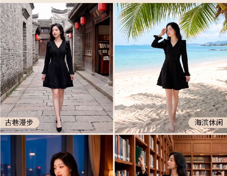 이른 가을 새로운 프랑스식 V넥 프릴 허리 수축 작은 검은 드레스 한 마디 긴팔 드레스 작은 키 상세 이미지 7