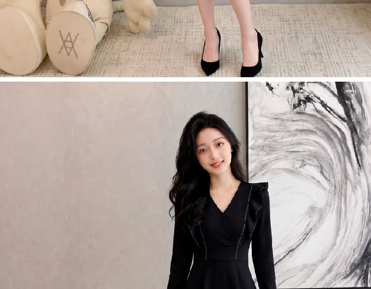 이른 가을 새로운 프랑스식 V넥 프릴 허리 수축 작은 검은 드레스 한 마디 긴팔 드레스 작은 키 상세 이미지 15