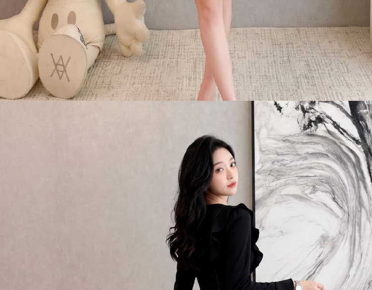이른 가을 새로운 프랑스식 V넥 프릴 허리 수축 작은 검은 드레스 한 마디 긴팔 드레스 작은 키 상세 이미지 18