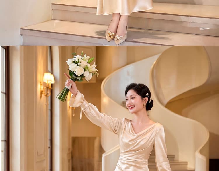 프랑스식 고급 빛 럭셔리 작은 대중 빛 예복 연례 회의 생일 참여 드레스 얕은 금 신부 서비스 아침 로브 상세 이미지 15