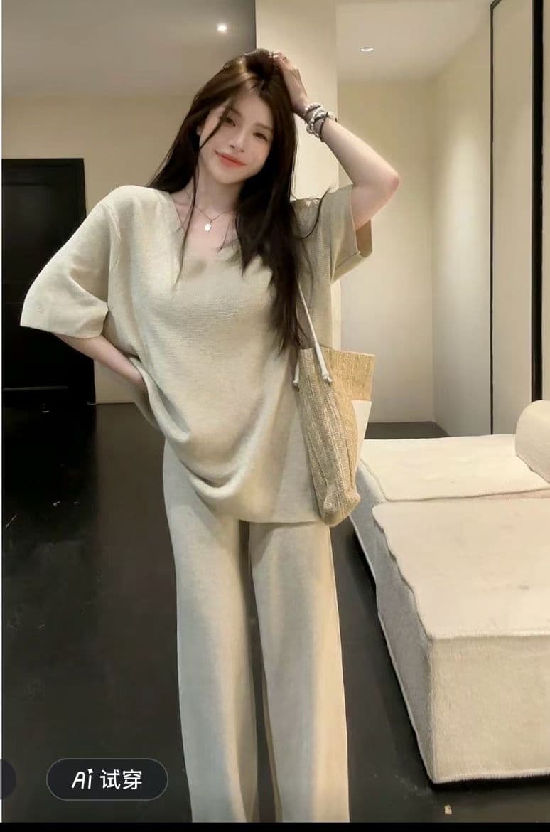huihui 새로운 느긋한 와이드 레그 팬츠 세트 작은 대중 루즈핏 캐주얼 바람 반팔 한 부서 세트 상세 이미지 4