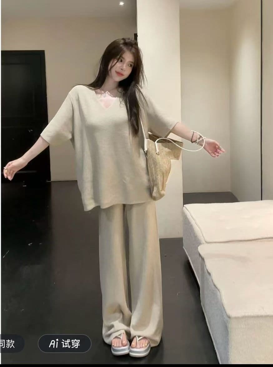 huihui 새로운 느긋한 와이드 레그 팬츠 세트 작은 대중 루즈핏 캐주얼 바람 반팔 한 부서 세트 상세 이미지 5