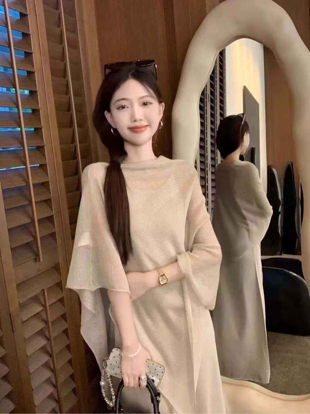 느슨함 센스 느긋한 품격 캐주얼 세트 여성 여름 불규칙 자외선 차단 블라우스 숄 슬립 드레스 투피스 세트 이미지 2