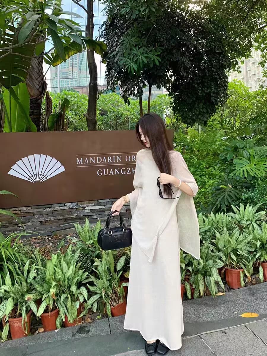 느슨함 센스 느긋한 품격 캐주얼 세트 여성 여름 불규칙 자외선 차단 블라우스 숄 슬립 드레스 투피스 세트 이미지 3