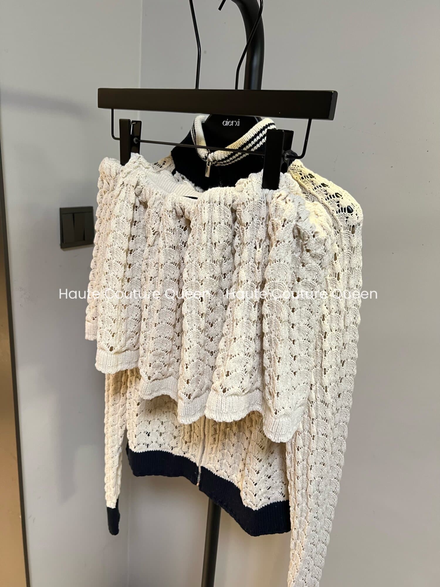 haute couture queen 선전 남쪽 기름 휴가 바람 홀로우 아웃 자수 니트 지퍼 오픈 가디건 미니 스커트 이미지 3