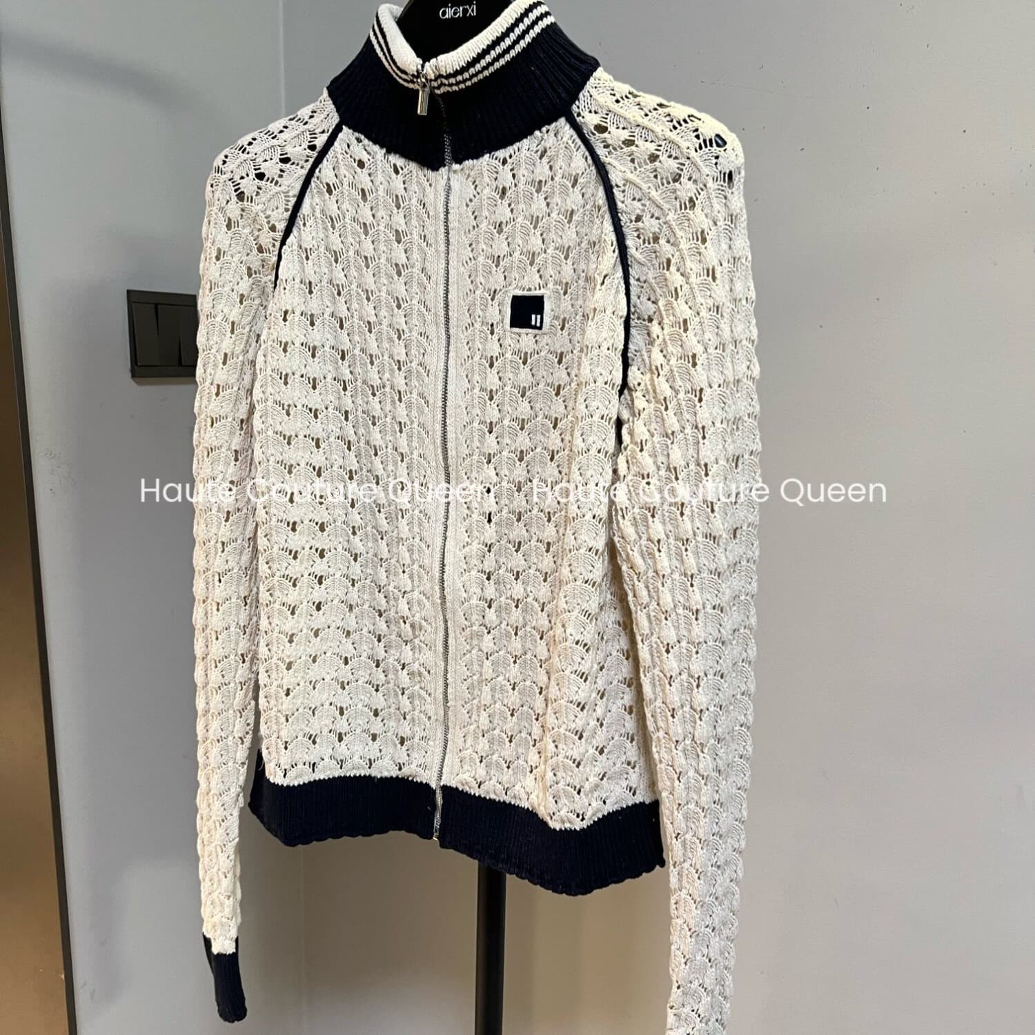 haute couture queen 선전 남쪽 기름 휴가 바람 홀로우 아웃 자수 니트 지퍼 오픈 가디건 미니 스커트 이미지 5