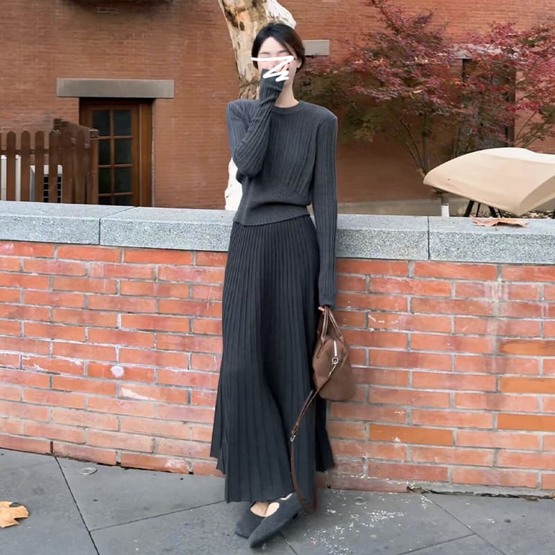 빛 요리 한 우아함 바람 회색 니트 세트 여성 조기 봄 고급 센스 품격 롱 스커트 투피스 세트 착용 가져 가라. 상세 이미지 3