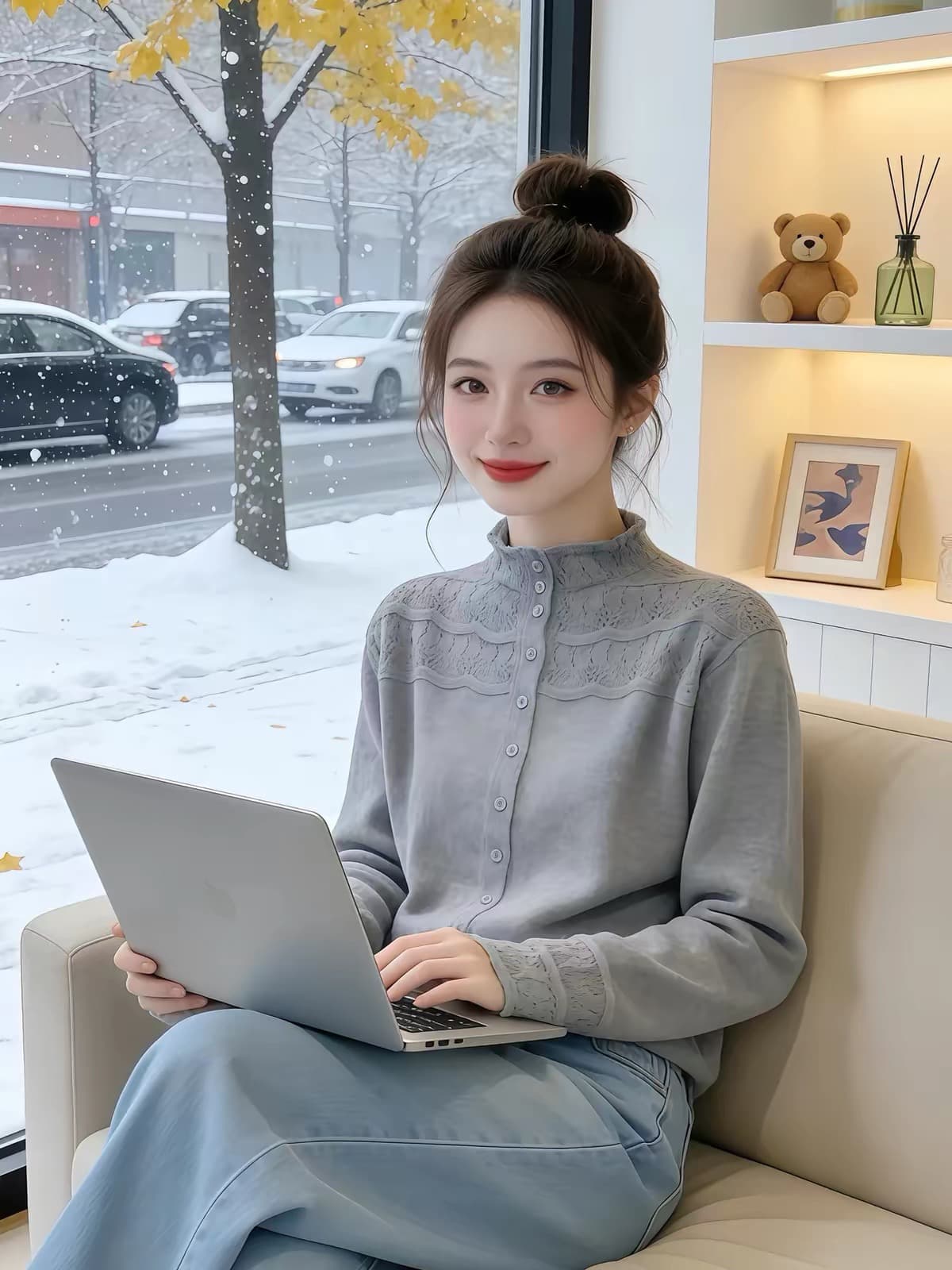 고급 센스 살구 색상 홀로우 아웃 레이스 반하이넥 부드러운 찹쌀 니트 오픈 가디건 여성 가을 부드러운 바람 루즈핏 슬림해 보이는 스웨터 이미지 4