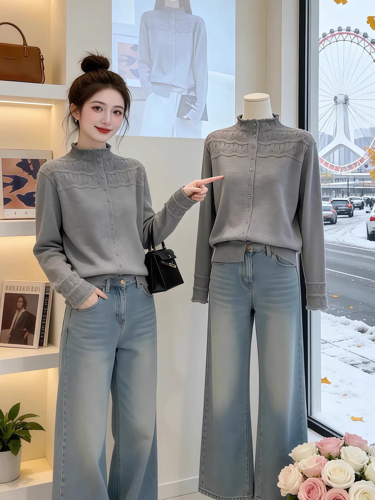 고급 센스 살구 색상 홀로우 아웃 레이스 반하이넥 부드러운 찹쌀 니트 오픈 가디건 여성 가을 부드러운 바람 루즈핏 슬림해 보이는 스웨터 상세 이미지 2