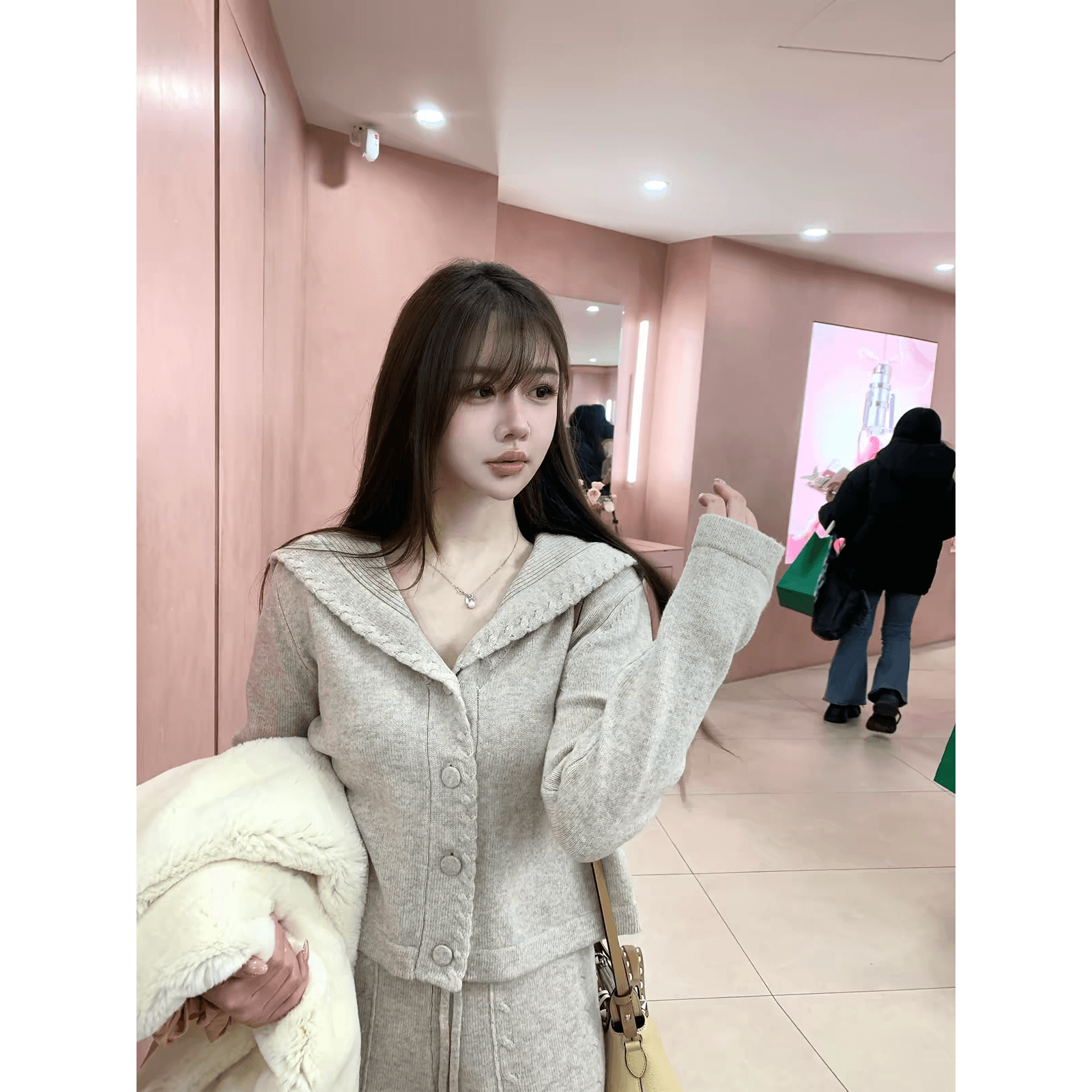 일레븐 소녀 lii 봄날 top 그룹 26 지점 꽈배기 해군 칼라 니트 오픈 가디건 세트 여성 이미지 5