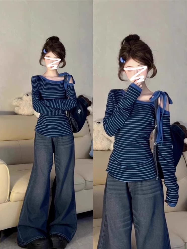 파란색 스트라이프 비스듬한 어깨 긴팔 티셔츠 여성 2025 새로운 봄 인사이드 가져 가라. 기본 셔츠 몸매 가꾸기 핫걸 오프숄더 맨위 상세 이미지 1