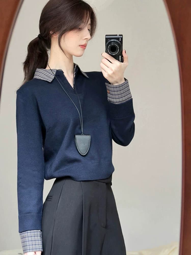 블루 색상 폴로 칼라 패치워크 페이크 레이어드 몸매 가꾸기 니트 기본 셔츠 봄 드레스 여자 2026 년 새로운 한 첨부 된 의류 상세 이미지 6