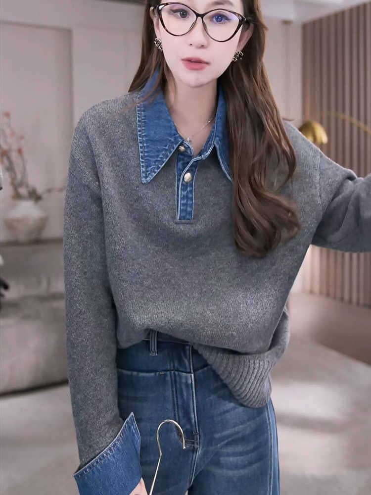 데님 패치워크 페이크 레이어드 스웨터 여자 유럽 역 가을 겨울 2026 새로운 루즈핏 폴로 칼라 패션 다용도 맨위 트렌디