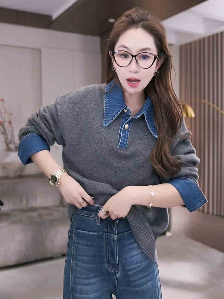 데님 패치워크 페이크 레이어드 스웨터 여자 유럽 역 가을 겨울 2026 새로운 루즈핏 폴로 칼라 패션 다용도 맨위 트렌디 이미지 3