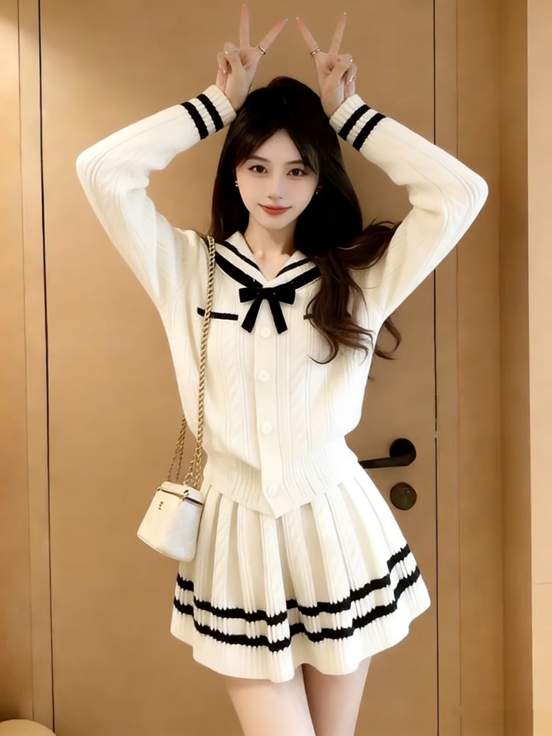 한 부서 학원 스타일 니트 세트 여성 연령 감소 슬림해 보이는 폴로 칼라 스웨터 하이웨이스트 슬림해 보이는 플리츠 미니 스커트 투피스 세트 상세 이미지 3