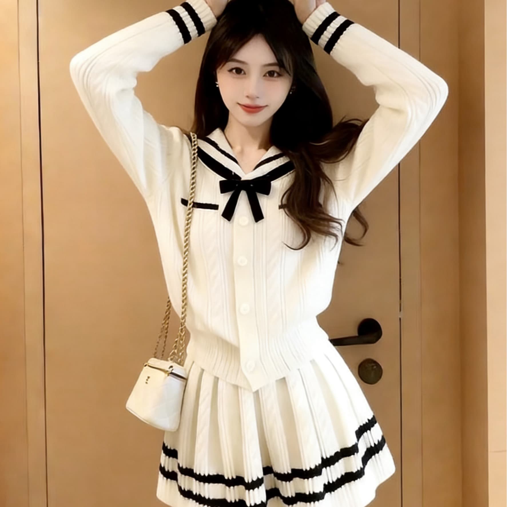 한 부서 학원 스타일 니트 세트 여성 연령 감소 슬림해 보이는 폴로 칼라 스웨터 하이웨이스트 슬림해 보이는 플리츠 미니 스커트 투피스 세트 상세 이미지 5