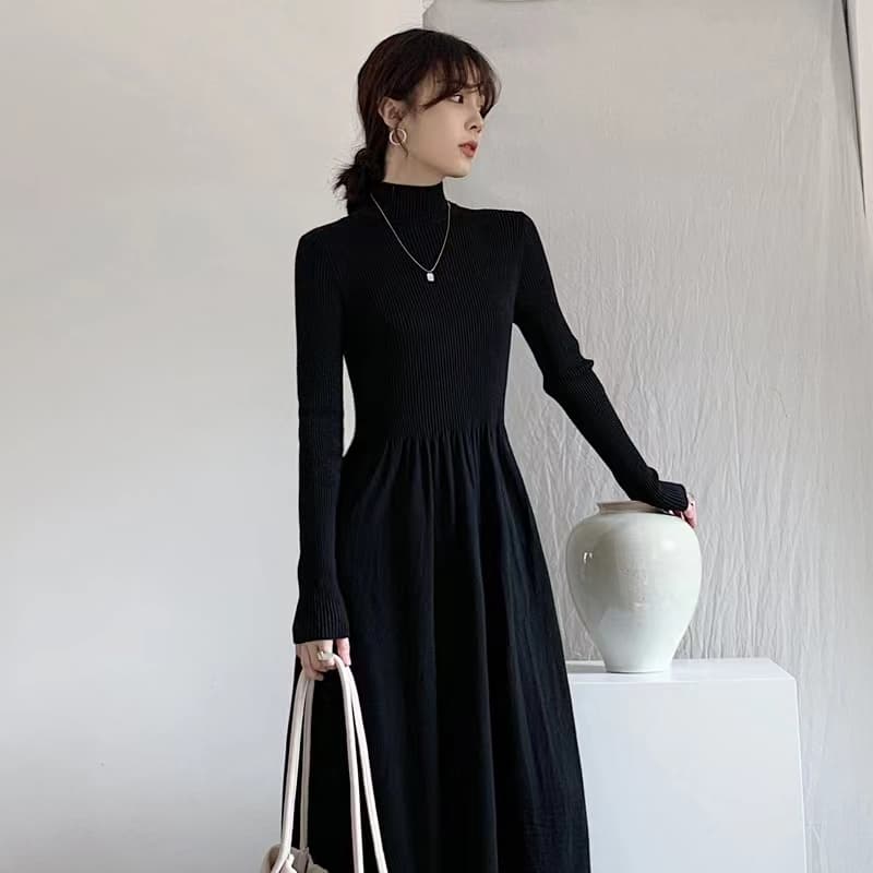 경기 코트 ~ 중 기본 스커트 여성 가을 겨울 반하이넥 스웨터 치마 품격 인사이드 가져 가라. 무릎 아래 롱 스커트 니트 드레스 상세 이미지 1