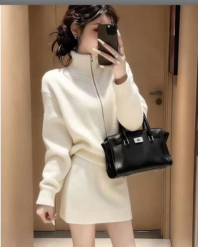 프랑스식 고유 한 겨울 의류 전체 집합 작은 샤넬 스타일 회색 스웨터 오픈 가디건 고급 센스 재킷 반신 스커트 투피스 슈트 상세 이미지 1